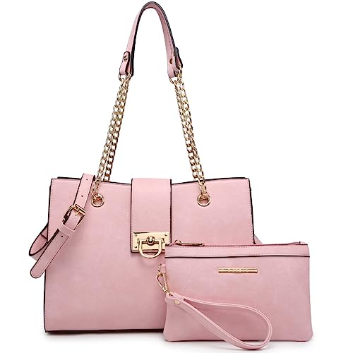 Dasein Women Fashion Tote Handbag Purse With Chain Shoulder Top Handle Hobo Bag & Matching Clutch (Pink) - Image 1