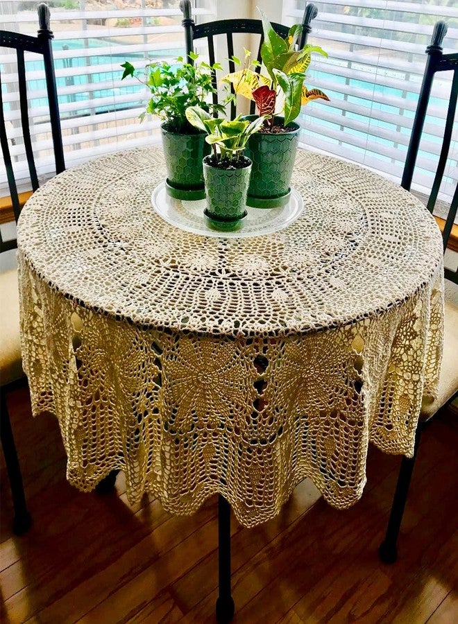 USTIDE 63-inch Round Crochet Lace Tablecloth Beige Gorgeous Dining Living Room Kitchen Tablecloth - Image 5