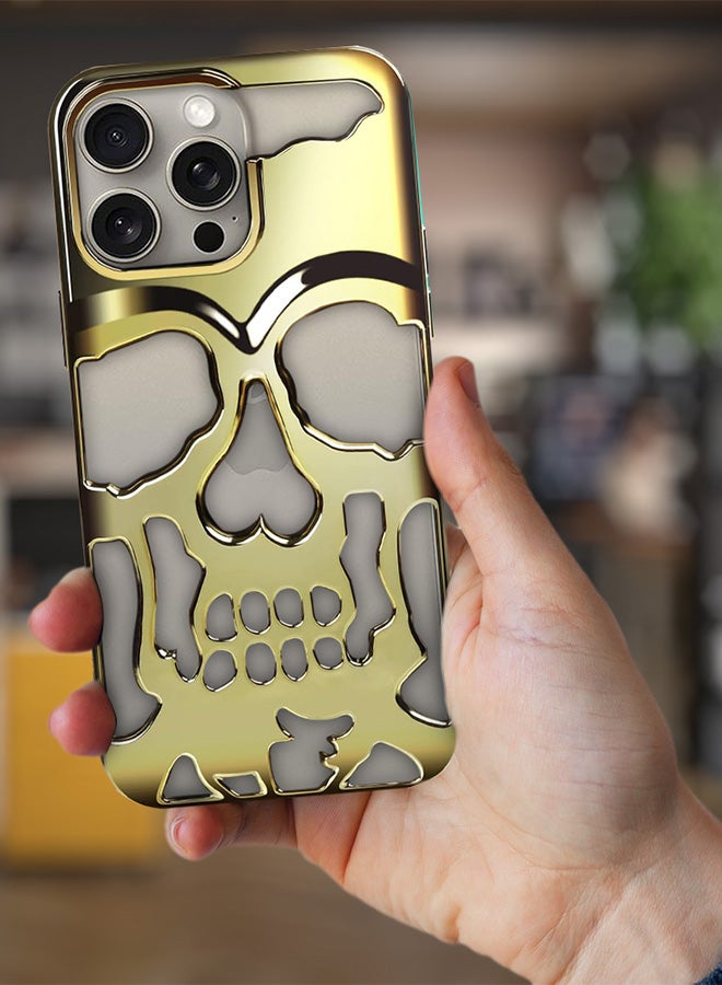 CATANES iPhone 15 Pro Max Case 3D Hollow Skull Breathable Phone Case Luxury Plating Colorful Matte Shockproof Cover Ultra Thin Full Surround Anti-Fall Case Gold - Image 2