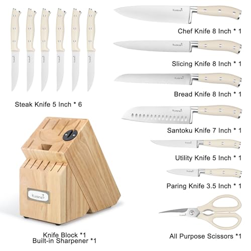 Kuisine Chef Knife Set,High Carbon Stainless Steel Sharp Knife Set Ergonomic Handle,Kitchen Knife Block Set with Built-in Sharpener(Ivory Pro,15PCS) - Image 2