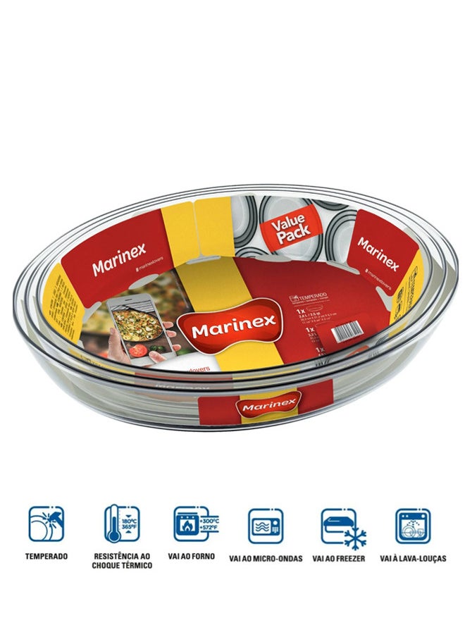 Marinex 3-Piece Oval Glass Bakeware Pan Set Clear; Small 2.4L, Medium 3.2L, Large 4L (Made in Brazil)  - Image 1