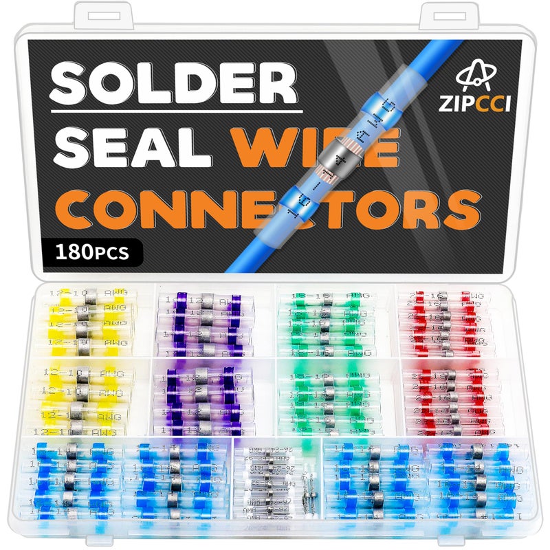 ZIPCCI 180Pcs Solder Seal Wire Connectors Heat Shrink Butt Connectors Kit Waterproof Marine Wiring Splice Terminal Gauge Electrical Crimp Trailer Wire Heat Shrink Wire Connectors