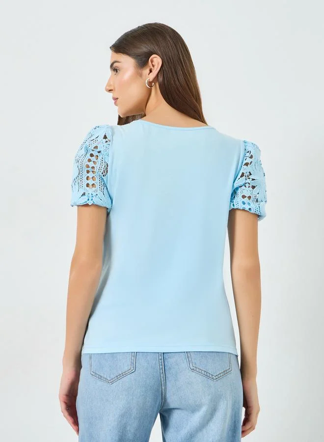Take Two  Blue Solid Asymmetric Neck Hollow Puff Sleeve Top for Women | Best Price UAE