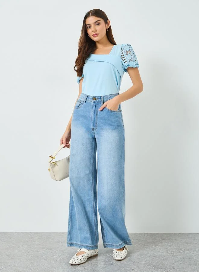 Take Two Blue Solid Asymmetric Neck Hollow Puff Sleeve Top