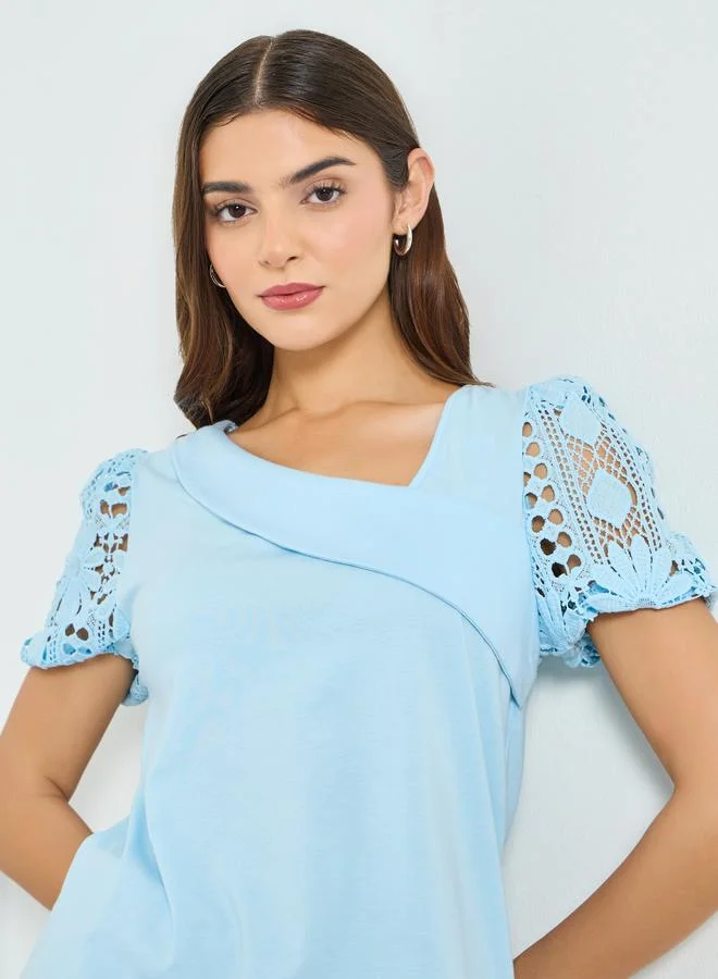 Take Two  Blue Solid Asymmetric Neck Hollow Puff Sleeve Top for Women | Best Price UAE