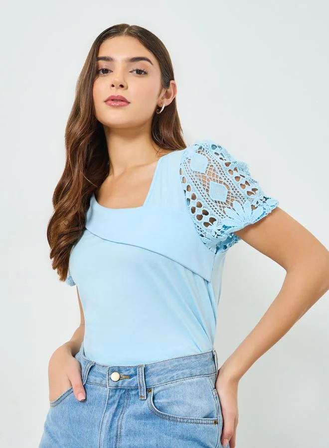 Take Two  Blue Solid Asymmetric Neck Hollow Puff Sleeve Top for Women | Best Price UAE
