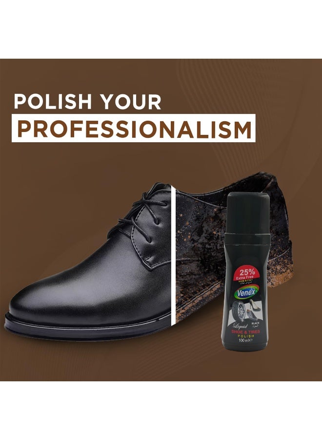 venex Combo - 4pcs Venex Liquid Shoe & Tyre Polish 100ml Black Shine Restorer for Leather Shoes, Boots & Vehicle Tyres Instant Gloss, Dirt Removal, Crack Protection, Long-Lasting Finish, Easy Apply Sponge Top - Image 3