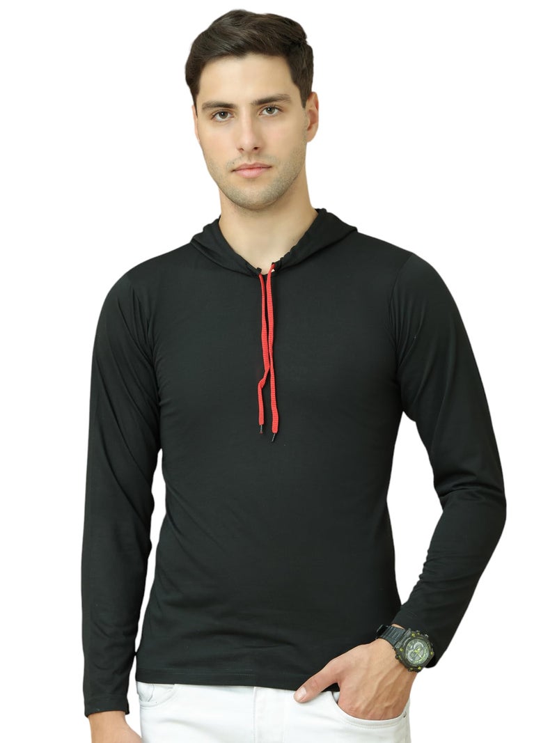 Mack Jonney Cotton Blended Regular Fit Full Sleeve Hooded Neck Black T-Shirts for Men's - Image 1