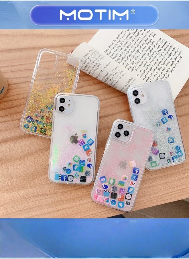 Motim Liquid Plain and Glitter Case for iPhone 14 Pro Max with Cute Bling Sparkle, Hard Back Colorful Bling Quicksand with iOS Icon Soft Rubber TPU Bumper Protective Case Cover - Image 2