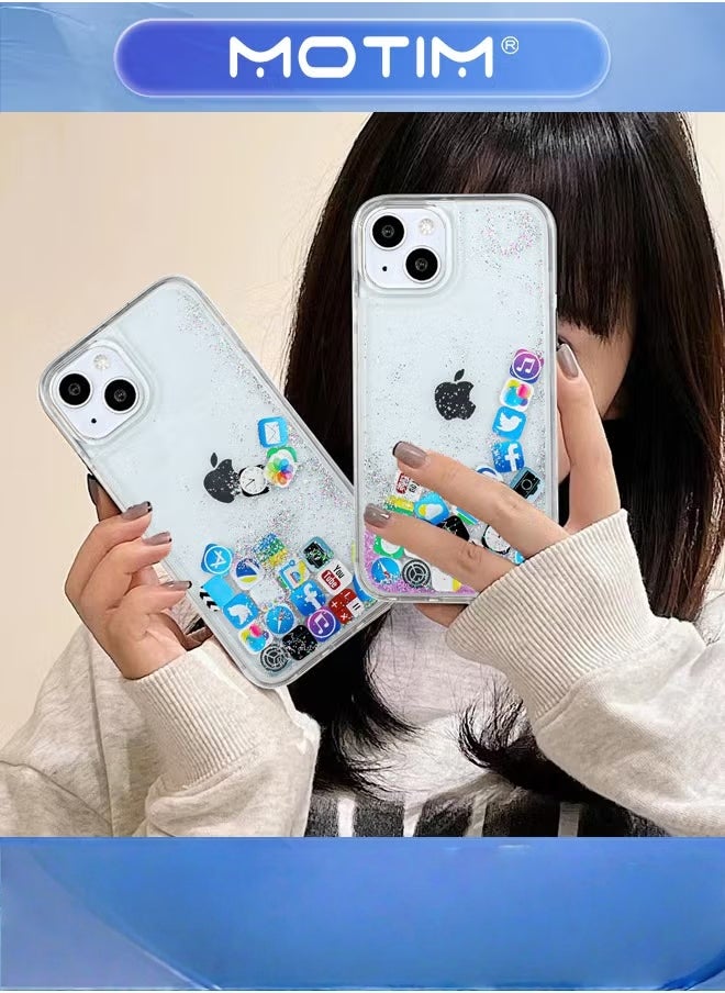 Motim Liquid Plain and Glitter Case for iPhone 14 Pro Max with Cute Bling Sparkle, Hard Back Colorful Bling Quicksand with iOS Icon Soft Rubber TPU Bumper Protective Case Cover - Image 3