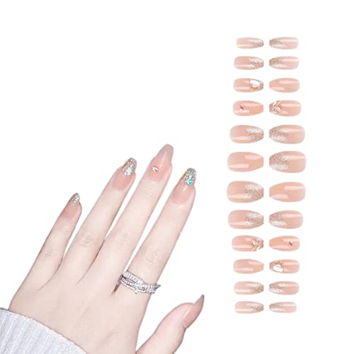 Coslifestore- Press on Nails- Pack of 24 designer nails with full application kit- jelly tabs, glue, buffer and manicure tool (OMBRE PEACH WITH STONES) - Image 1