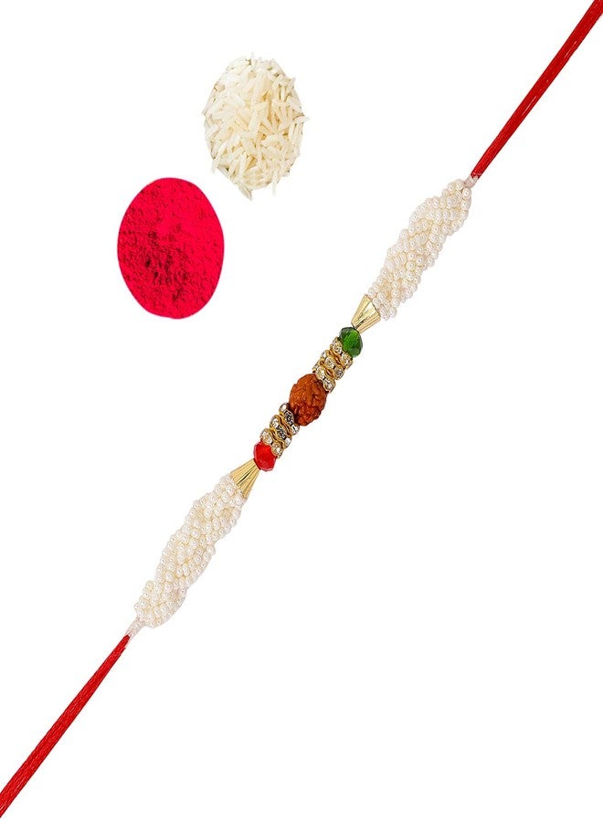 ACCESSHER Mens Traditional Rudraksh Rakhi for Beloved Brother with Acrylic Peacock Pooja Thali, Roli Kumkum Packets and Happy Rakshabandhan Card - Image 3