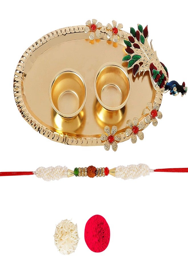 ACCESSHER Mens Traditional Rudraksh Rakhi for Beloved Brother with Acrylic Peacock Pooja Thali, Roli Kumkum Packets and Happy Rakshabandhan Card - Image 1