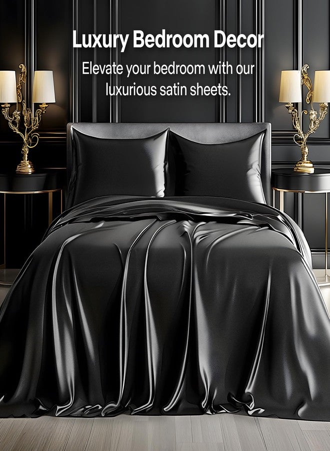 BEDELITE Satin Sheets Queen Size Bed Set, Luxury Soft Black Silky Sheets for Hair and Skin, Similar to Silk Bed Sheets Set 4 Pieces with 1 Deep Pocket Fitted Sheet, 1 Flat Sheet, and 2 Pillowcases - Image 2