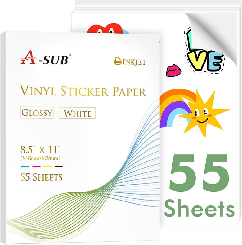 A-SUB 55 Sheets Vinyl Sticker Paper for Inkjet Printer - Glossy Printable Vinyl 8.5x11 Inch Waterproof Sticker Paper for DIY Any Decal You Like - Image 1