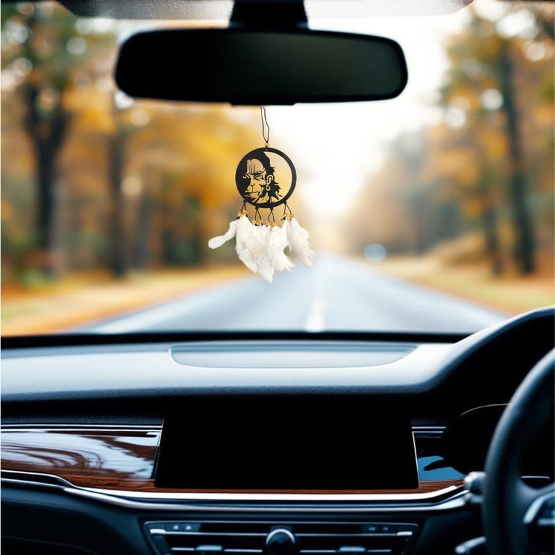 Jiyu Creation Car Hanging Ornament bajrangWhite Dream Catcher for Positive Energy Rearview Mirror Charm Home and Temple Decor Durable Acrylic with Original Feathers - Image 1