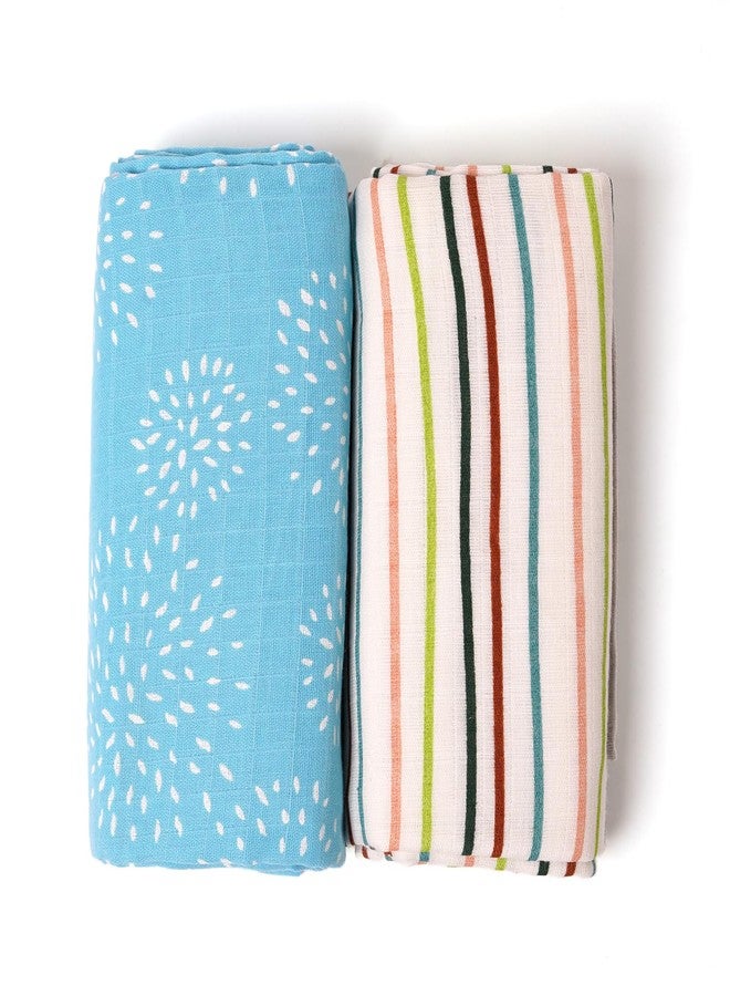 TIDY SLEEP لفافة قطنية 100% من تيدي سليب للأطفال حديثي الولادة | بطانية ناعمة للأطفال من عمر 0-6 أشهر | عبوة من قطعتين | 100 سم × 100 سم (شريط أزرق مخضر ناعم) - Image 1