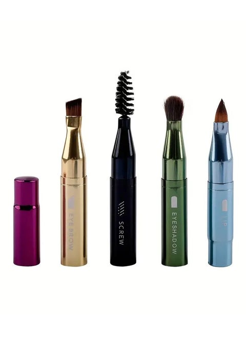 4-In-1 Makeup Brush Soft Bristle Brush For Eyeshadow, Lip, Eyebrow, And Eyelash Brushes For Portable Travel - Travel Makeup Brush Set, Metal Handle