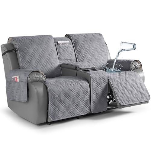TAOCOCO Loveseat Recliner Cover with Center Console 100 Waterproof Pet Covers for Dual Recliner with Straps Design Split Reclining Loveseat Cover Furniture PetKids Protector 2 Seater Gray