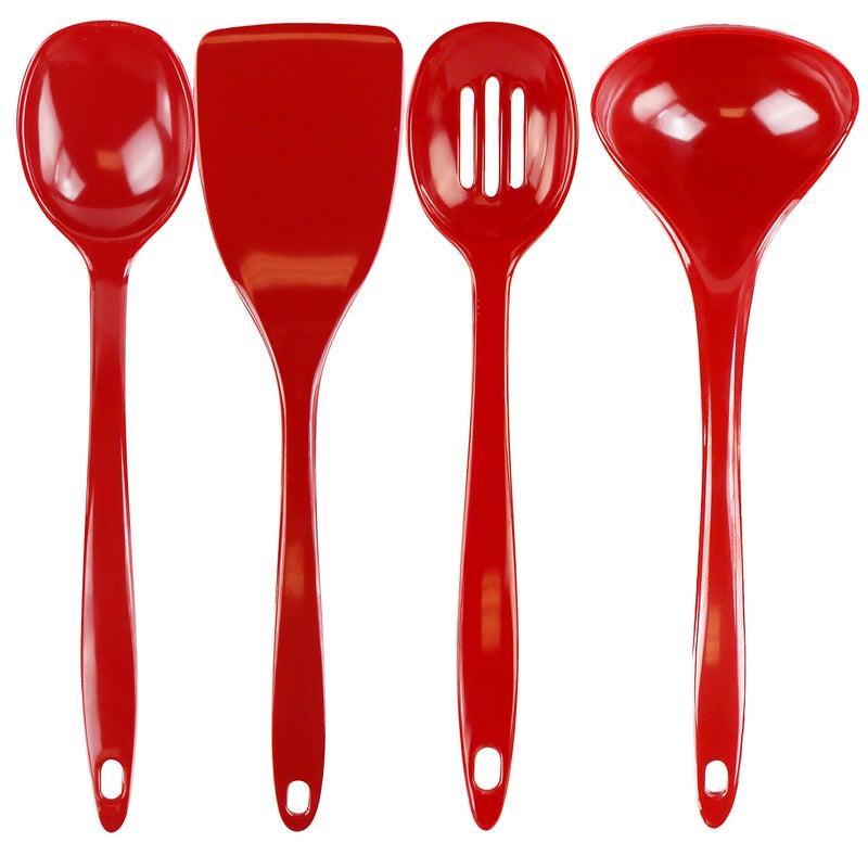 Reston Lloyd 100 Melamine Kitchen Utensil Set Non Scratching Ladle Spoon Slotted Spoon  Spatula Easy To Hold Set of 4 Red