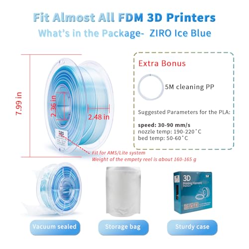 ZIRO 3D Printing Filament, Shiny Fast Color Gradient PlA, Glossy Color Change by Length PLA, Fit Most FDM Printers, Dimensional Accuracy +/-0.03mm, 2.2lbs Spool, Ice Blue (Silk) - Image 5