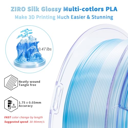 ZIRO 3D Printing Filament, Shiny Fast Color Gradient PlA, Glossy Color Change by Length PLA, Fit Most FDM Printers, Dimensional Accuracy +/-0.03mm, 2.2lbs Spool, Ice Blue (Silk) - Image 4