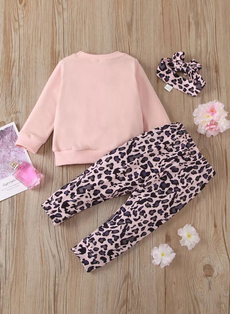 Baby Girl Letter Graphic Sweatshirt & Leopard Joggers & Headband - Image 2