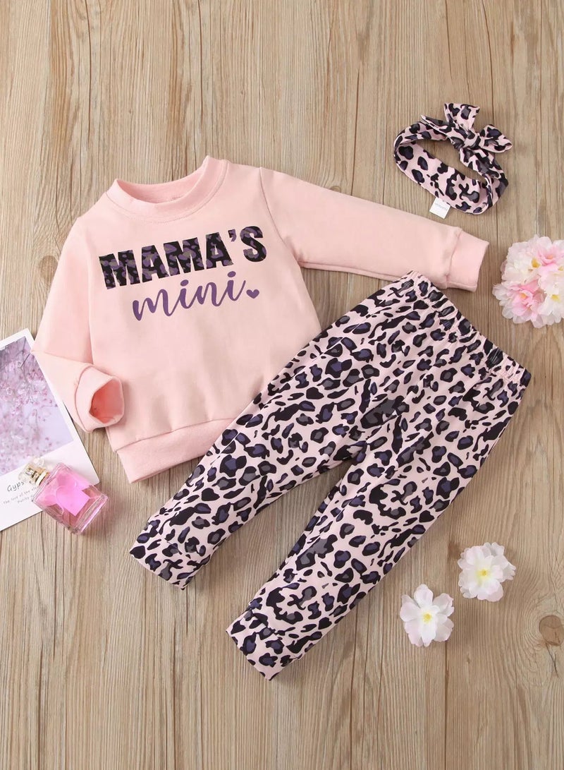 Baby Girl Letter Graphic Sweatshirt & Leopard Joggers & Headband - Image 1