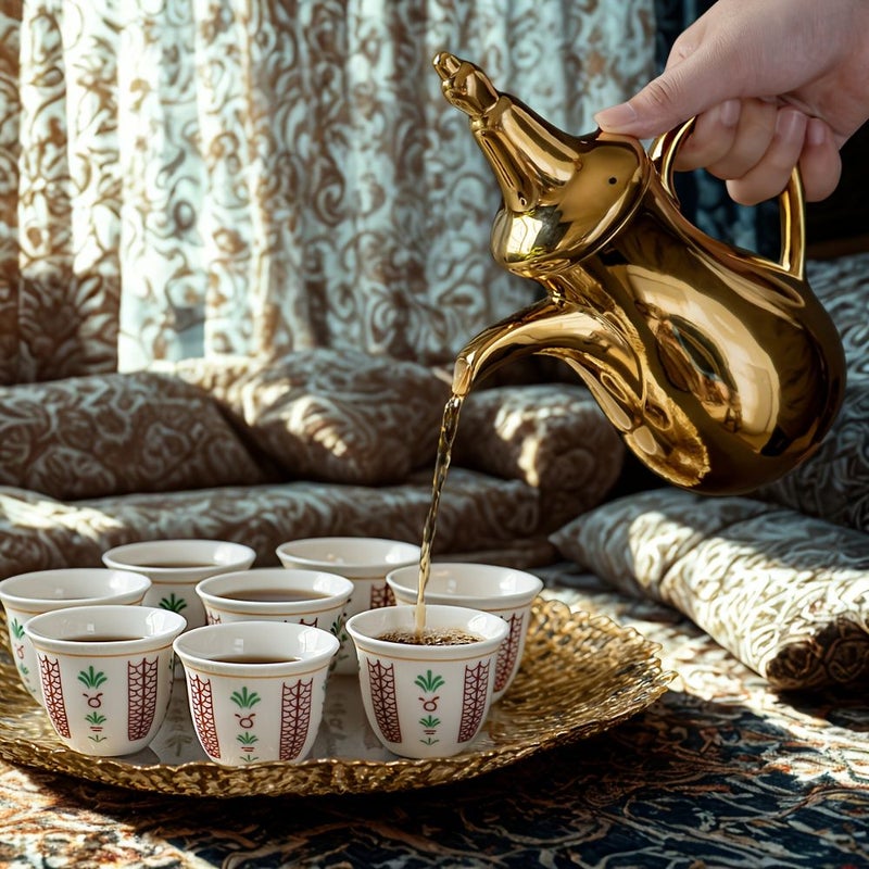مشروب أخضر - طقم أكواب قهوة عربية سيراميك مكون من 12 قطعة مع صندوق هدايا - أكواب إسبريسو قهوة لعيد الأضحى بتصميم شجرة النخيل - Image 2