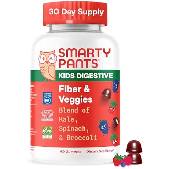 SmartyPants Kids Fiber & Veggies: Prebiotic Fiber Gummies for Kids, Fiber Supplement with Inulin, Organic Green Veggie Blend, Vegan, Gluten Free, Mixed Berry Flavor, 60 Count (30 Day Supply) - Image 1