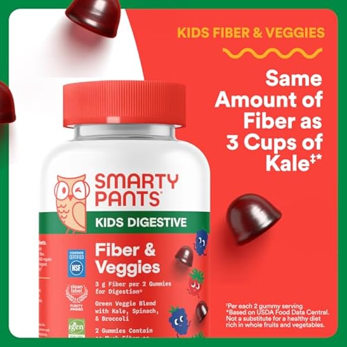 SmartyPants Kids Fiber & Veggies: Prebiotic Fiber Gummies for Kids, Fiber Supplement with Inulin, Organic Green Veggie Blend, Vegan, Gluten Free, Mixed Berry Flavor, 60 Count (30 Day Supply) - Image 2