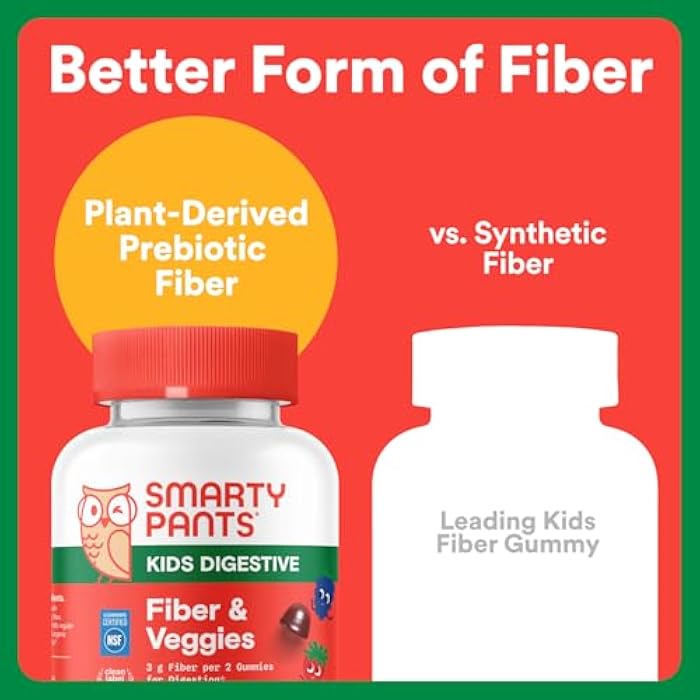 SmartyPants Kids Fiber & Veggies: Prebiotic Fiber Gummies for Kids, Fiber Supplement with Inulin, Organic Green Veggie Blend, Vegan, Gluten Free, Mixed Berry Flavor, 60 Count (30 Day Supply) - Image 5