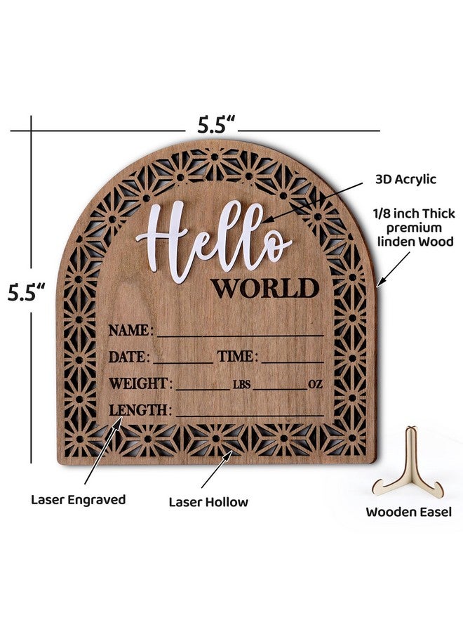HOUISM Bleed Proof Engineered Wood, 5.5 Inch Wooden Birth Announcement Sign with Easel Stand, 3D Arcylic Hello Sign, Newborn Announcement Plaque for Girl Boy Photo Prop Baby Shower Nursery Hospital - Rustic - Image 3
