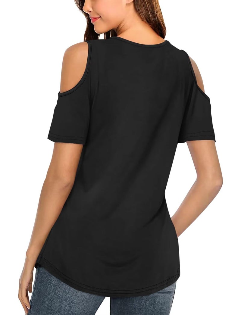 Minetom Women's Cold Shoulder Tops Short Sleeve V Neck T Shirts Basic Summer Tees B Black - Image 2