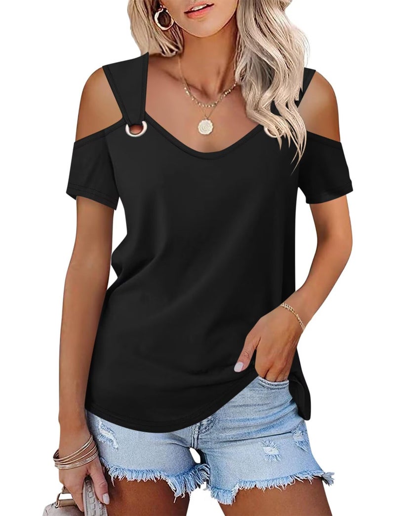 Minetom Women's Cold Shoulder Tops Short Sleeve V Neck T Shirts Basic Summer Tees B Black - Image 1