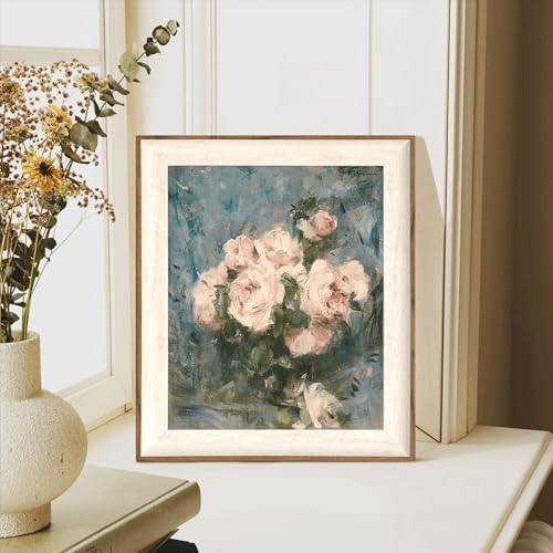 ASTRDECOR Framed Vintage Wall Art for Living Room, Vintage Floral Home Decor Aesthetic, Victorian Pink Rose Bouquet Oil Painting Blue Canvas Wall Art Prints, Antique Flower Pictures Blue Artwork for Living Room-10''x12'' - Image 4