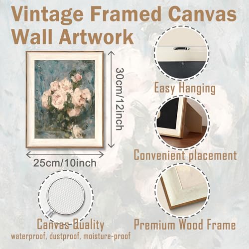 ASTRDECOR Framed Vintage Wall Art for Living Room, Vintage Floral Home Decor Aesthetic, Victorian Pink Rose Bouquet Oil Painting Blue Canvas Wall Art Prints, Antique Flower Pictures Blue Artwork for Living Room-10''x12'' - Image 2