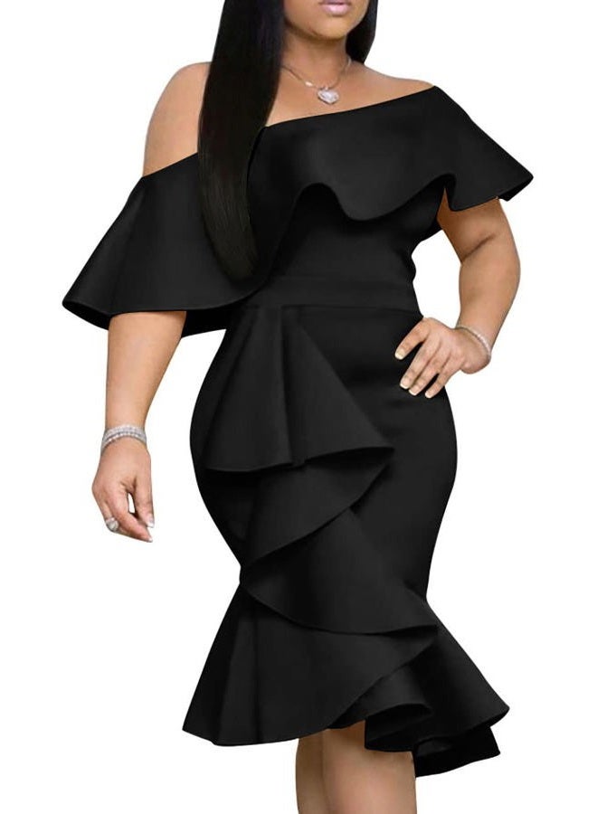 GOBLES Women's Elegant Off The Sholder Back Zipper Ruffles Bodycon Midi Cocktail Dress Black - Image 1