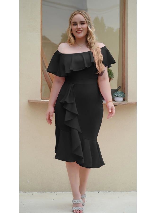 GOBLES Women's Elegant Off The Sholder Back Zipper Ruffles Bodycon Midi Cocktail Dress Black - Image 5