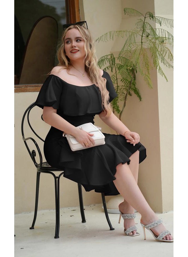 GOBLES Women's Elegant Off The Sholder Back Zipper Ruffles Bodycon Midi Cocktail Dress Black - Image 4
