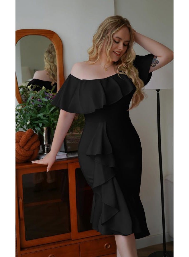 GOBLES Women's Elegant Off The Sholder Back Zipper Ruffles Bodycon Midi Cocktail Dress Black - Image 3