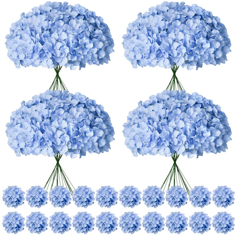 Cherica 100 Pcs Faux Blue Hydrangea Artificial Flowers Bulk, Fake Silk Hydrangea Flowers Heads with Stems for Wedding Decorations Garden Party Baby Shower Porch Home Decor Table Centerpieces - Image 1