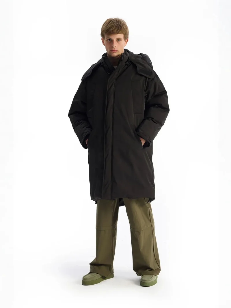Giesto Black GIESTO Hooded Long Puffer Jacket with Pockets for Men | Best Price UAE