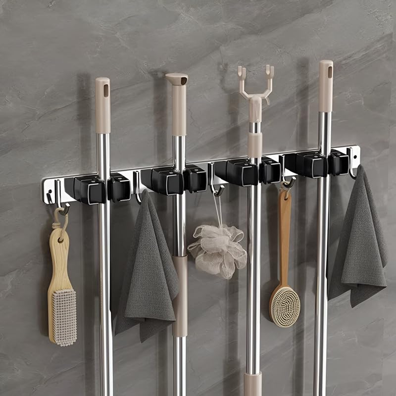 INKULTURE Stainless Steel Mop and Broom Holder for Wall Mount with 04 Rack and 05 Hook for Home Organization Kitchen Bathroom Office Garden Etc Color Silver Pack of 01
