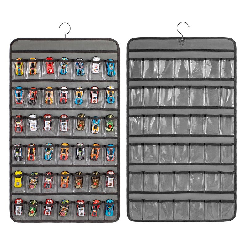 TEMUORG Toy Cars Wheels Storage Holder Matchbox Cars Organizer Dual Sided Hanging Toy Cars Display Case with 84 Clear Pockets (Dual Sides-Grey) - Image 1