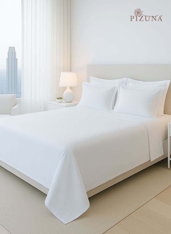 PIZUNA طقم ملاءات سرير كينج حجم أبيض من القطن الخالص الممشط، 400 خيط فاخرة مريحة 100% قطن طويل التيلة بتقنية الساتين (1 ملاءة مسطحة، 1 ملاءة مشدودة، 2 غطاء وسادة) - Image 1