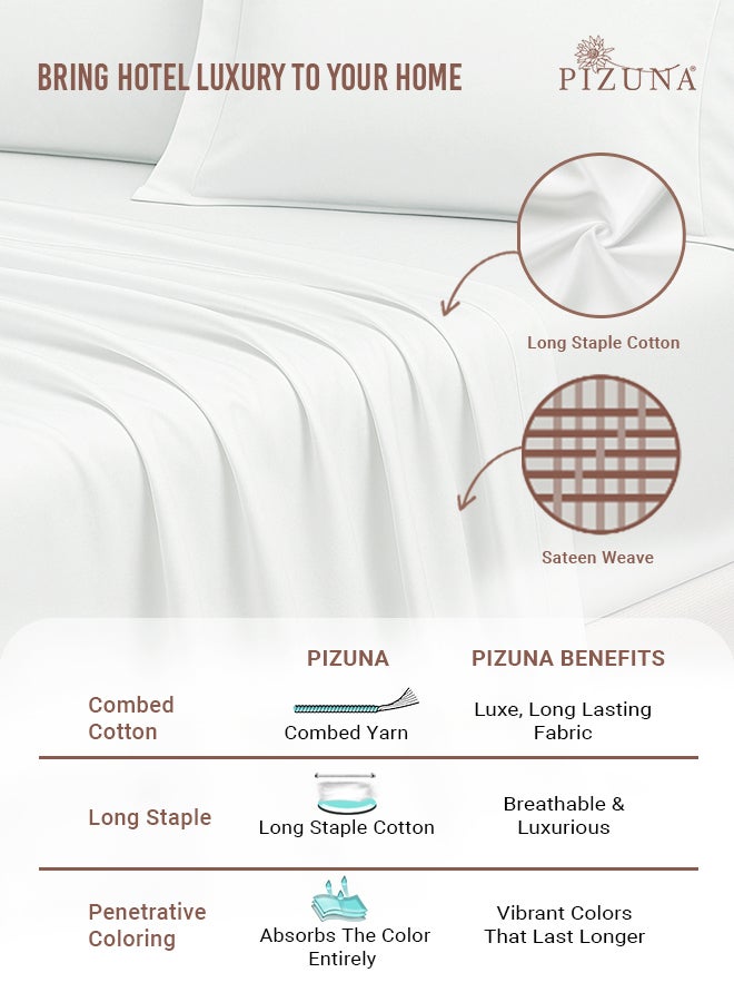 PIZUNA طقم ملاءات سرير كينج حجم أبيض من القطن الخالص الممشط، 400 خيط فاخرة مريحة 100% قطن طويل التيلة بتقنية الساتين (1 ملاءة مسطحة، 1 ملاءة مشدودة، 2 غطاء وسادة) - Image 2