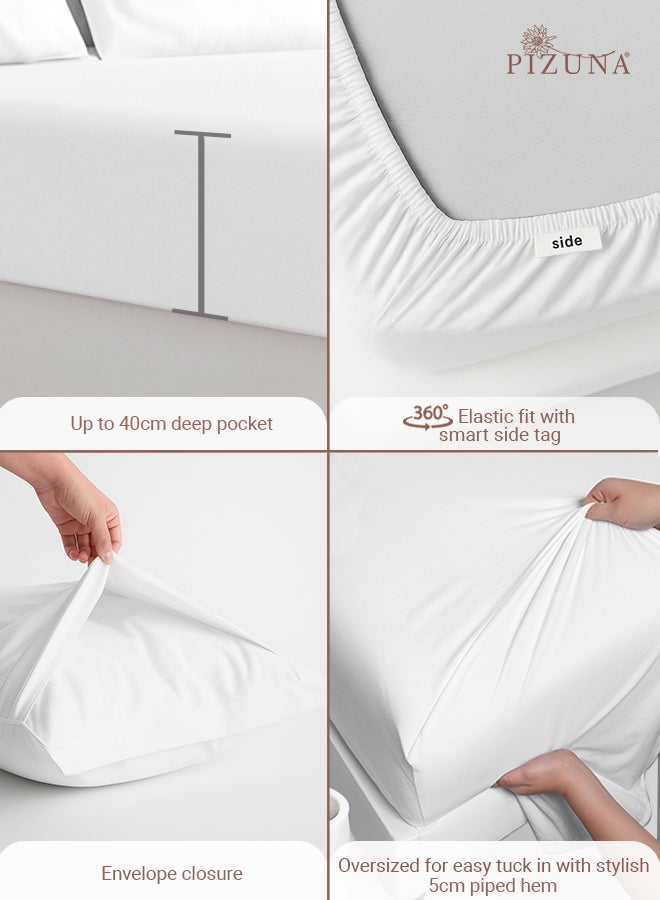 PIZUNA طقم ملاءات سرير كينج حجم أبيض من القطن الخالص الممشط، 400 خيط فاخرة مريحة 100% قطن طويل التيلة بتقنية الساتين (1 ملاءة مسطحة، 1 ملاءة مشدودة، 2 غطاء وسادة) - Image 4