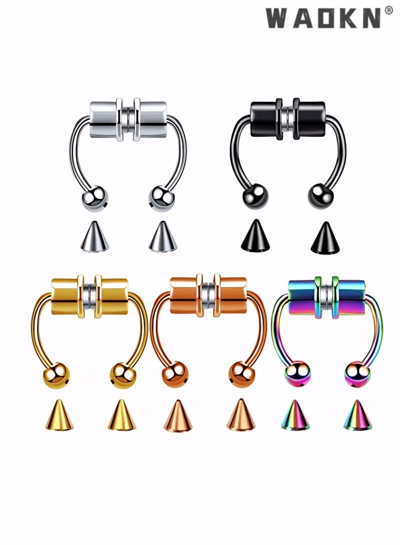 Bukela 5Pcs Magnetic Septum Nose Ring, Horseshoe Fake Nose Septum Rings Non-Pierced Clip On Nose Hoop Rings Stainless Steel Faux Reusable Nose Ring Hoop for Women Men - Image 1