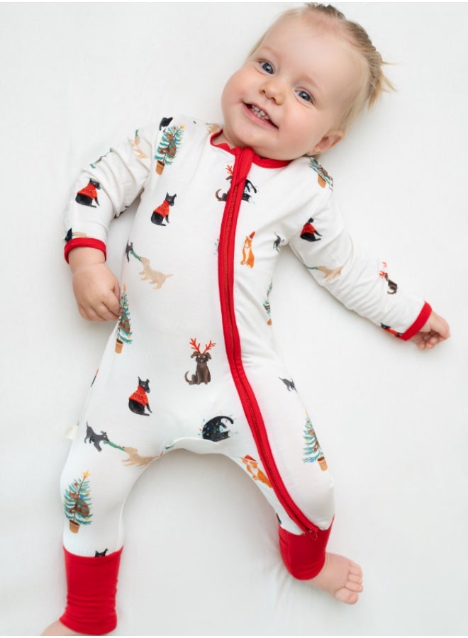 Hushabye – Zippered Baby Sleepsuit – Bamboo – Christmas Santa Paws - Image 1